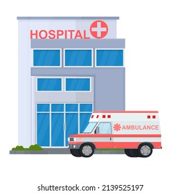 Edificio del hospital. Ambulancia en el edificio del hospital, ilustración del vector