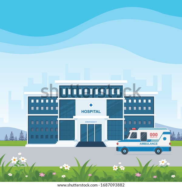 Hospital\
building with ambulance Vector illustration, hospital and medical\
and emergency services. beautiful medical concept with green grass,\
blue sky and blue building silhouette\
background