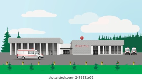 A hospital building with ambulances outside the city near the forest. Vector.