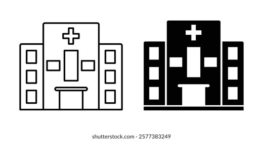 hospital building black line and silhouette vector icon. medical hospital and clinic buildings with a cross symbol icon  set. Represents healthcare, medical services, or hospital facilities.