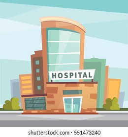 Hospital Building Cartoon Modern Vector Illustration. Medical Clinic  And City Background. Emergency Room Exterior