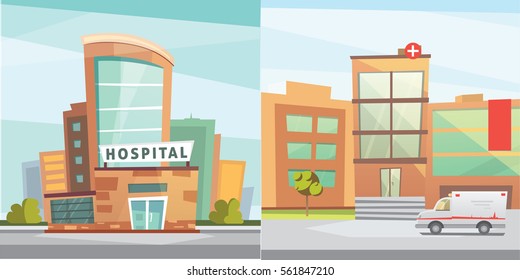 Hospital building cartoon modern vector illustration. Medical Clinic and city background. Emergency room exterior