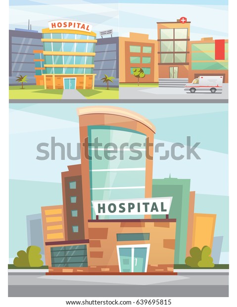 Hospital\
building cartoon modern vector illustration. Medical Clinic and\
city background. Emergency room\
exterior
