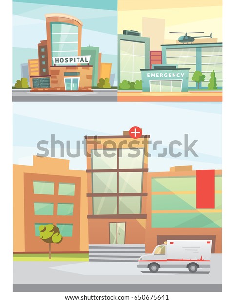 Hospital
building cartoon modern vector illustration. Medical Clinic and
city background. Emergency room
exterior