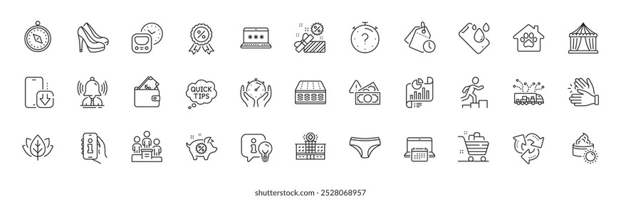 Hospital building, Circus tent and Phone download line icons. Pack of Travel compass, Fraud, Sun cream icon. Info app, Grocery basket, Mattress pictogram. Laptop password. Line icons. Vector