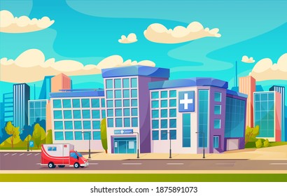 Hospital building or city medical clinic with ambulance cartoon vector of healthcare and medicine. Emergency health care center and doctor office exteriors with front door, glass facade, cross symbol