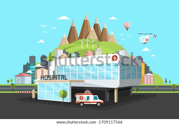 Hospital Building with City on
Background, Ambulance Car and Helicopter. Vector
Illustration.