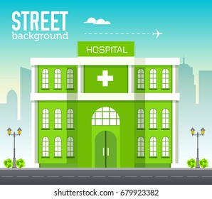 Hospital building in city space with road on flat syle background concept. Vector illustration design