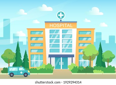 hospital building in the city in summer. Flat vector illustration. Medical services concept.
