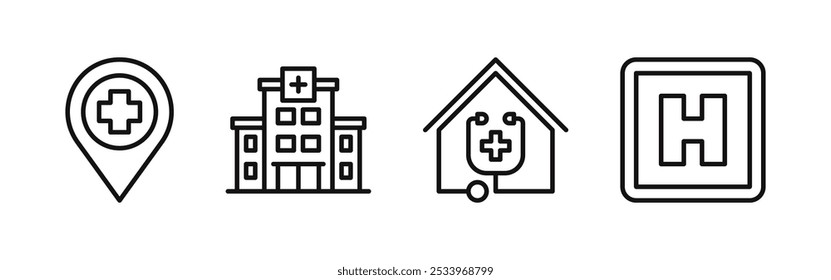 Ícone de edifício do hospital, clínica, atendimento domiciliar e localização do hospital isolado no fundo branco. Ilustração vetorial.