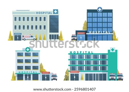 Hospital building collection. Vector illustration in flat design. Showcasing a clean and modern design	