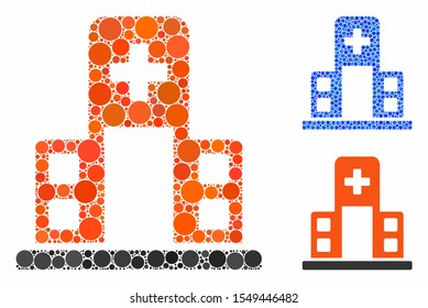 Hospital building composition of round dots in various sizes and shades, based on hospital building icon. Vector round elements are grouped into blue composition.