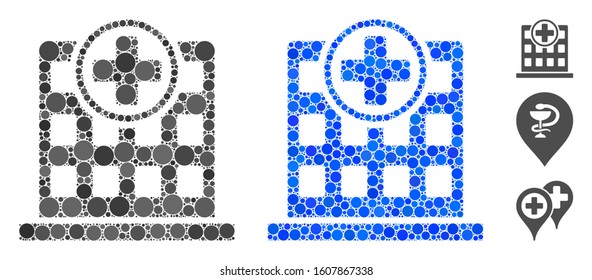Hospital building composition of spheric dots in different sizes and color tones, based on hospital building icon. Vector dots are united into blue composition.