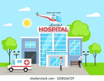 Hospital building concept with doctor character. Vector flat cartoon illustration