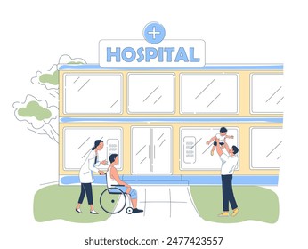 Concepto de edificio hospitalario. Doctor con paciente cerca del lugar de ocupación médica. Atención de salud y medicina, diagnóstico y tratamiento. Ilustración vectorial plana lineal aislada sobre fondo blanco