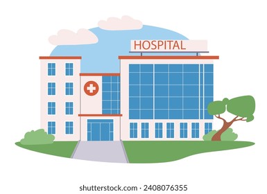 Hospital building concept. Medical occupation, health care and medicine. Urban infrastructure and architecture. House with white cross. Cartoon flat vector illustration isolated on white background