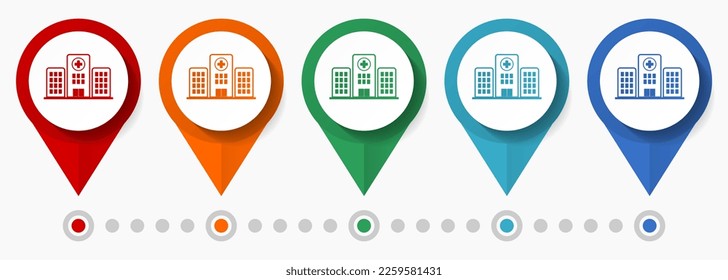 Hospital building concept vector icon set, flat design medical pointers, infographic template