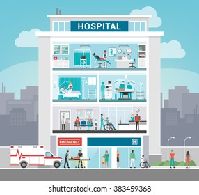 Hospital Building And Department With Doctors Working, Office, Surgery, Ward, Outpatient And Reception, Healthcare Concept