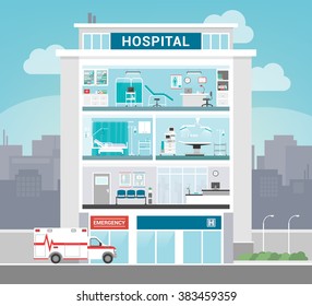 Hospital building with departments, office, operating room, ward, waiting room and reception, healthcare concept