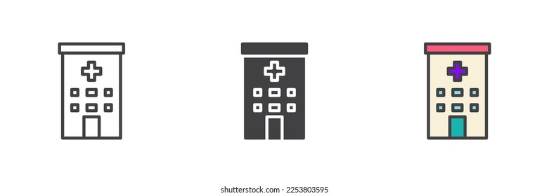 Conjunto de iconos de estilos diferentes para la construcción de hospitales. Línea, glifo y contorno relleno versión colorida, contorno y signo vectorial relleno. Símbolo, ilustración del logotipo. Gráficos vectoriales