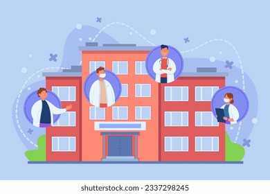 Hospital building and doctors in circles vector illustration. Cartoon drawing of clinic facade or health care facility with medical staff or specialists. Medicine, healthcare, treatment concept
