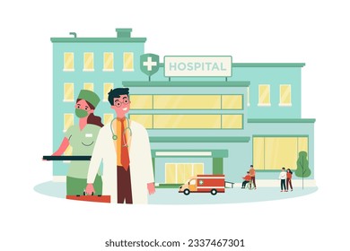 Hospital building with doctors and patients vector illustration. Cartoon drawing of clinic staff, health care facility facade, medical staff, ambulance. Medicine, healthcare, public service concept