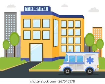 Hospital Building With Emercency Ambulance Vehicle Standing Outside.