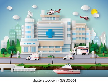 hospital building and emergency transport.paper art style.