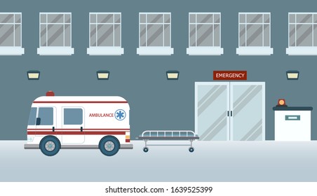 Hospital building or exterior with ambulance vector illustration