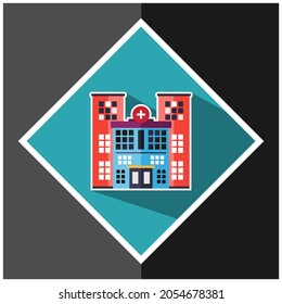 Hospital building flat icon with long shadow. Hospital Flat Colored Icon. Hospital Complex Icon. Flat Design. Isolated. Long Shadow.