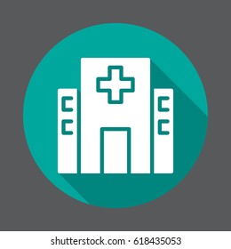 Hospital building flat icon. Round colorful button, circular vector sign with long shadow effect. Flat style design