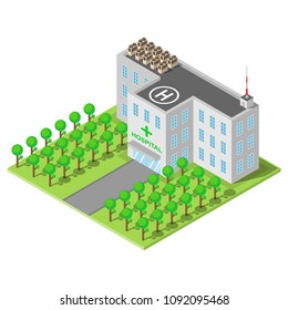 Hospital building with flat and isometric design, vector illustration EPS10.