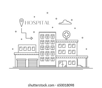 Hospital building flat line design, front view. City architecture infografic. Medical services and ambulance. Health care concept. Vector illustration isolated on white.