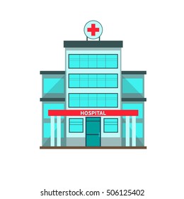 Hospital building flat style. Ambulance, health and care. Vector illustration