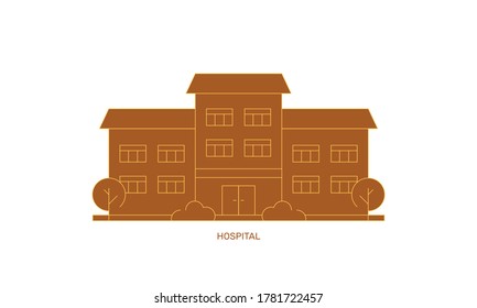 Hospital building flat style. Facade of brown house. Vector illustration. Simple shapes and bright color. 