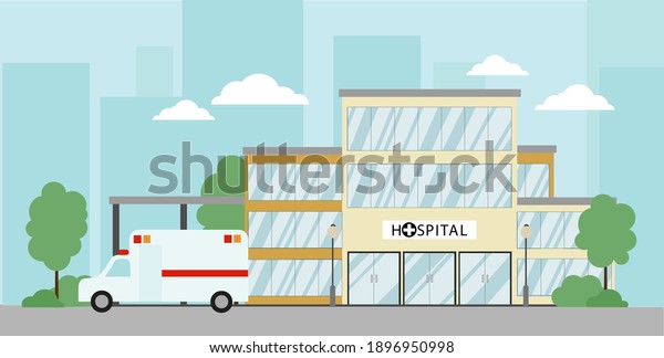 hospital building in flat
style. There are trees and an ambulance around the hospital. Medea
banner concept