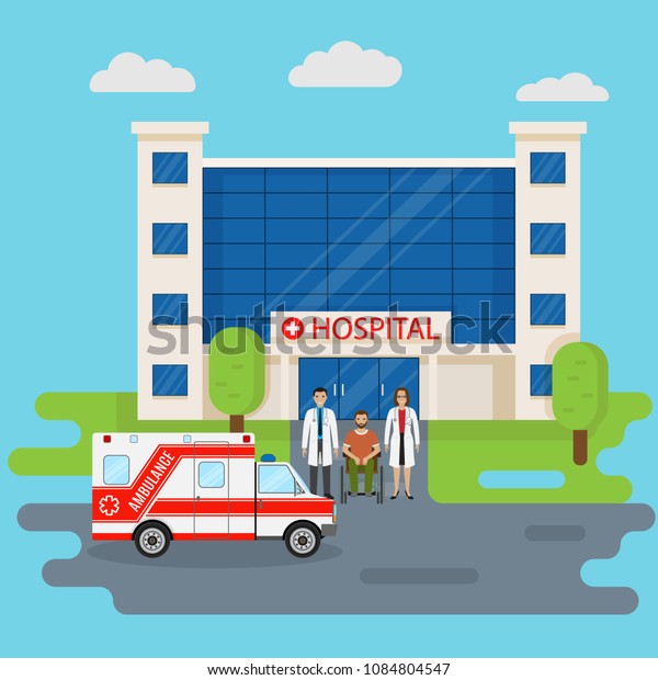 Hospital building in\
flat style with two doctors and disability patient near entrance.\
Medical concept. Medicine clinic frontage design with ambulance\
car. Vector\
illustration.