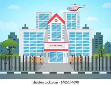 Hospital building in flat style. Urgency and emergency services. City background with hospital building and helicopter. Vector illustration