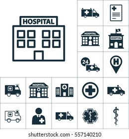 hospital building front icon, medical set