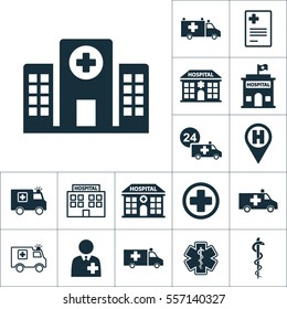 Hospital Building Front Icon, Medical Set