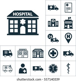 hospital building front icon, medical set