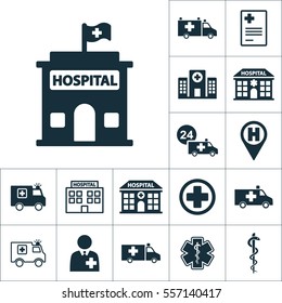 hospital building front icon, medical set