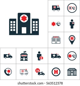 hospital building front icon, medical set