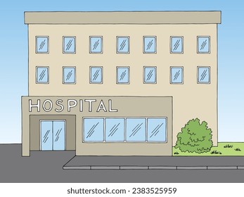 Hospital building front view color graphic sketch illustration vector