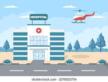 Hospital Building for Healthcare Background Vector Illustration with, Ambulance Car, Doctor, Patient, Nurses and Medical Clinic Exterior