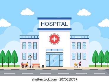 Hospital Building For Healthcare Background Vector Illustration With, Ambulance Car, Doctor, Patient, Nurses And Medical Clinic Exterior