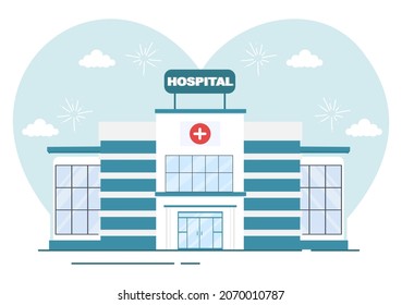 Hospital Building for Healthcare Background Vector Illustration with, Ambulance Car, Doctor, Patient, Nurses and Medical Clinic Exterior