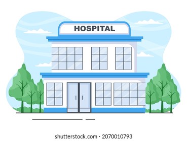 Hospital Building for Healthcare Background Vector Illustration with, Ambulance Car, Doctor, Patient, Nurses and Medical Clinic Exterior