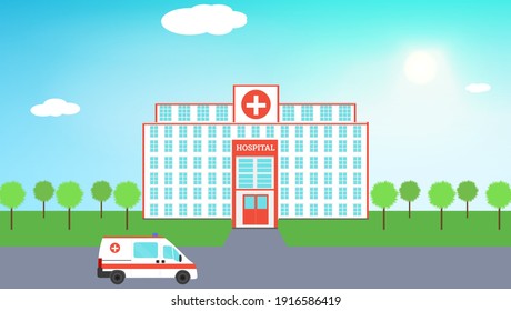 Edificio del hospital. Salud y diagnósticos médicos. Auto de ambulancia. Día soleado. Diseño plano. Concepto médico de ilustración vectorial de stock.