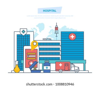 Hospital building, healthcare system, medical facility, safety, first aid, ambulance. Clinic exterior, medical architecture hospital, landscape on background city. Illustration thin line design.